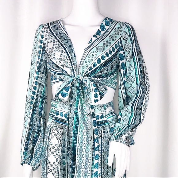 Zhu Ulma Minty Green Geo Paisley Print Crop Top Pant Set SzXS Wide Leg Side Wrap - Picture 11 of 16